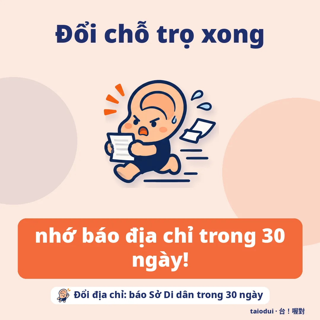 Đổi chỗ trọ xong — nhớ báo địa chỉ trong 30 ngày!. Mẹo: Đổi địa chỉ: báo Sở Di dân trong 30 ngày