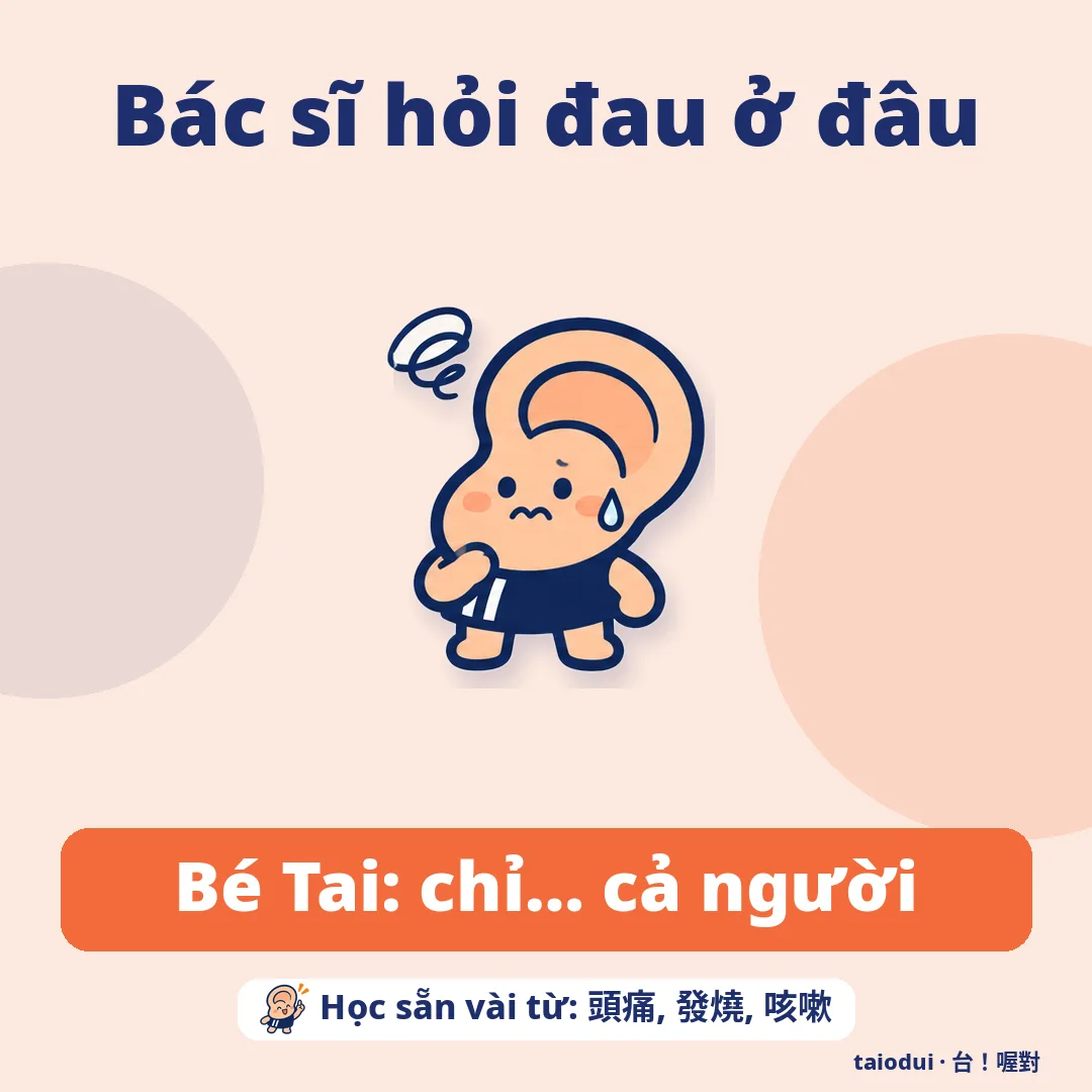 Bác sĩ hỏi đau ở đâu — Bé Tai: chỉ… cả người. Mẹo: Học sẵn vài từ: 頭痛, 發燒, 咳嗽