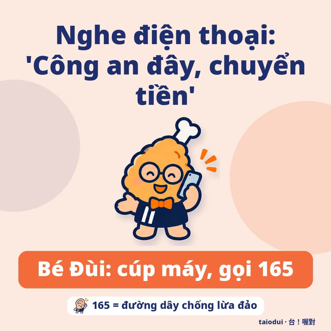 Nghe điện thoại: 'Công an đây, chuyển tiền' — Bé Đùi: cúp máy, gọi 165. Mẹo: 165 = đường dây chống lừa đảo
