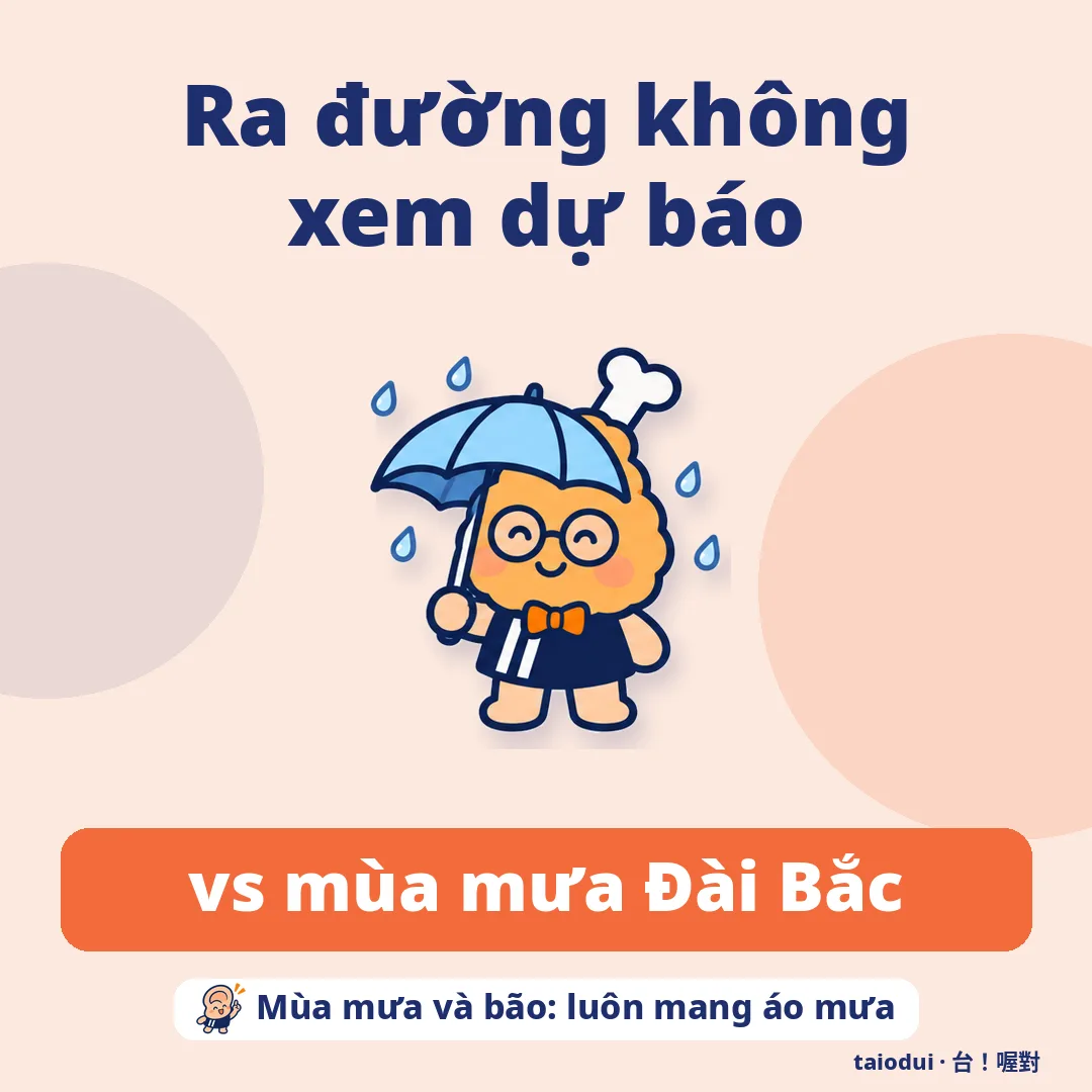 Ra đường không xem dự báo — vs mùa mưa Đài Bắc. Mẹo: Mùa mưa và bão: luôn mang áo mưa