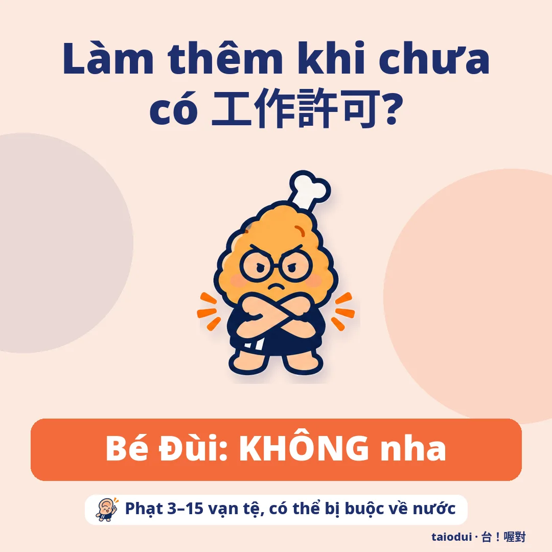 Làm thêm khi chưa có 工作許可? — Bé Đùi: KHÔNG nha. Mẹo: Phạt 3–15 vạn tệ, có thể bị buộc về nước