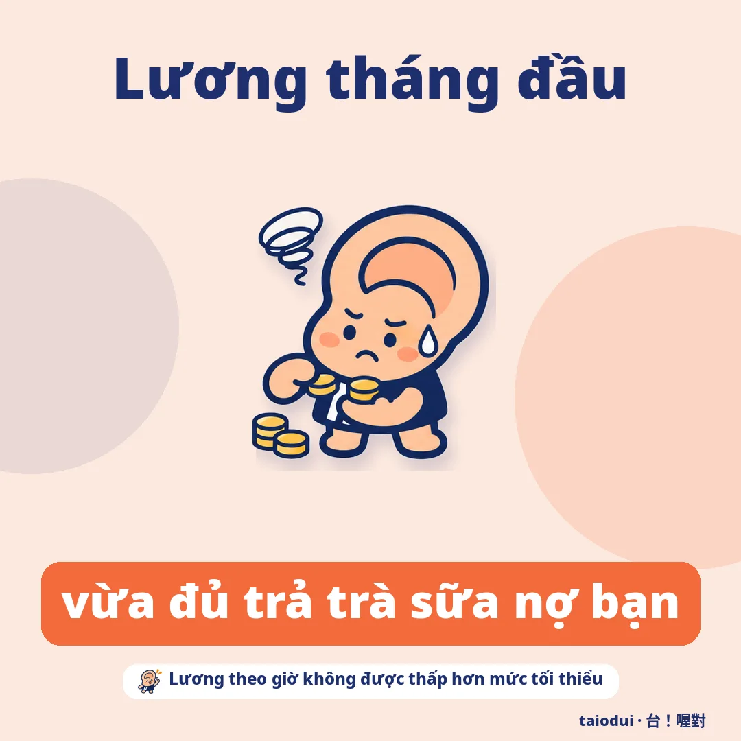 Lương tháng đầu — vừa đủ trả trà sữa nợ bạn. Mẹo: Lương theo giờ không được thấp hơn mức tối thiểu