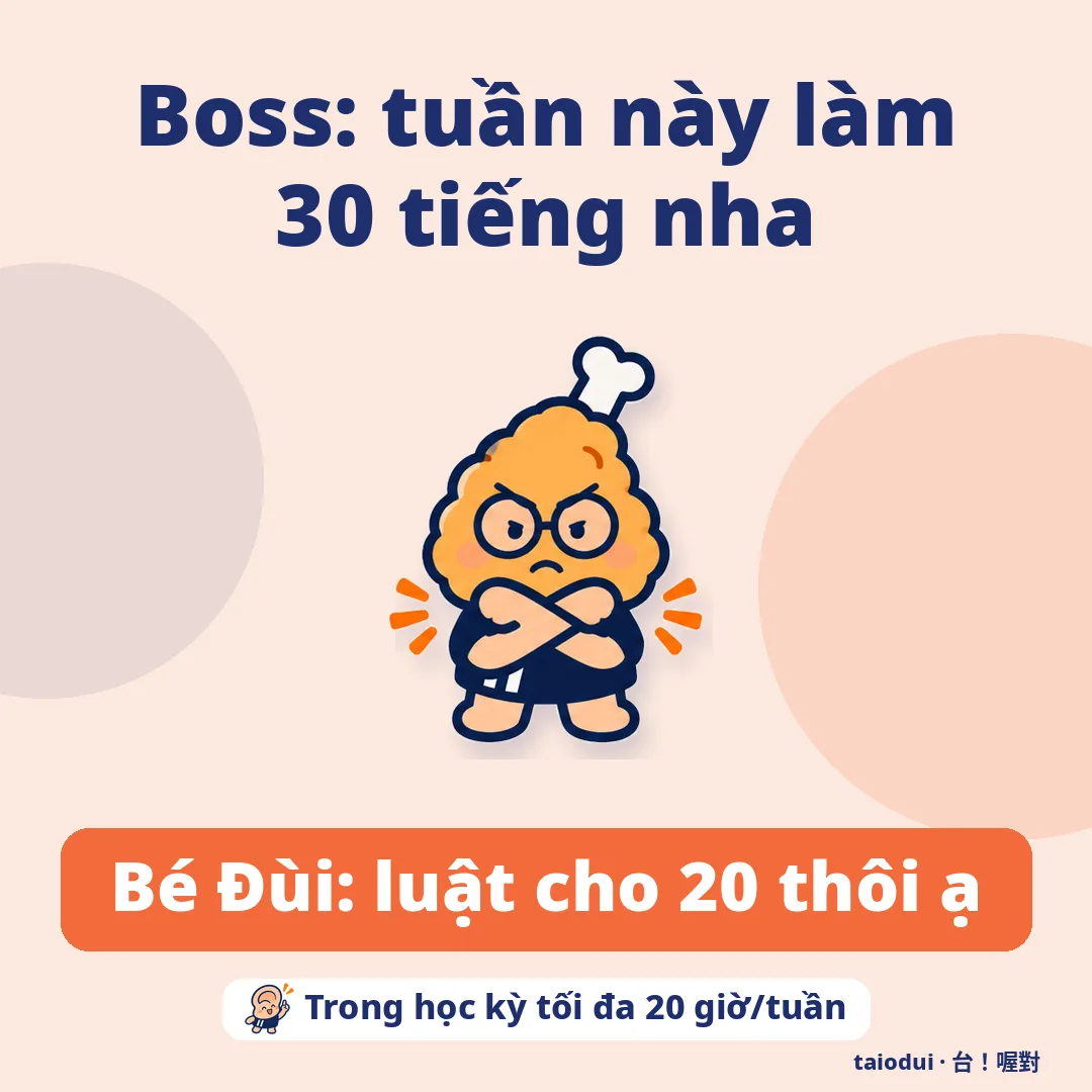 Boss: tuần này làm 30 tiếng nha — Bé Đùi: luật cho 20 thôi ạ. Mẹo: Trong học kỳ tối đa 20 giờ/tuần