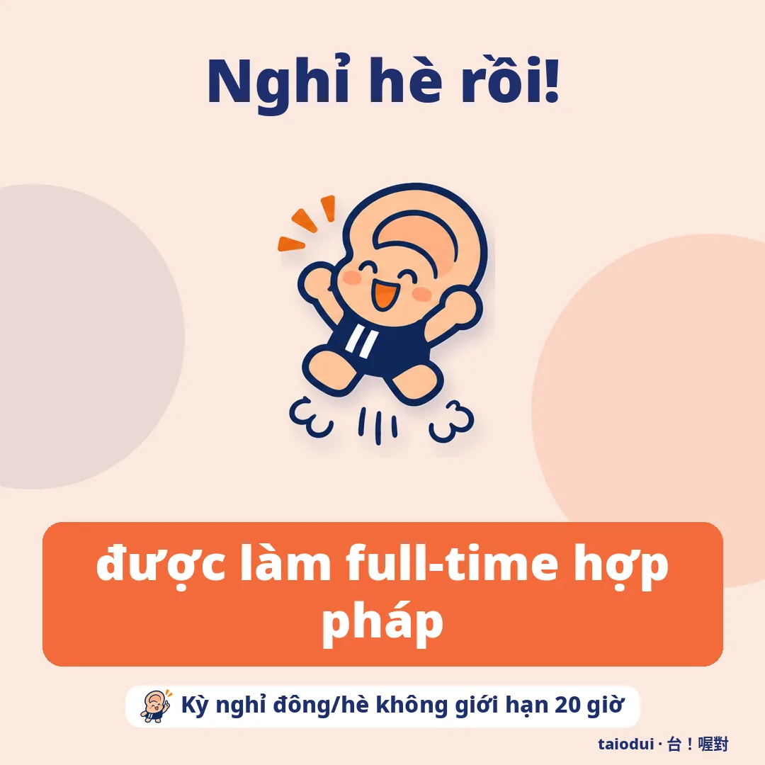Nghỉ hè rồi! — được làm full-time hợp pháp. Mẹo: Kỳ nghỉ đông/hè không giới hạn 20 giờ