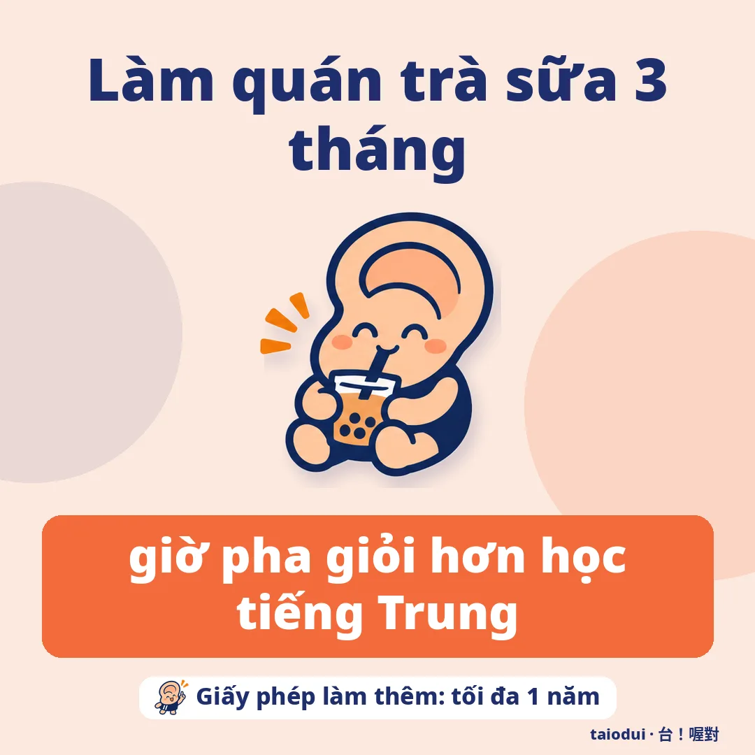 Làm quán trà sữa 3 tháng — giờ pha giỏi hơn học tiếng Trung. Mẹo: Giấy phép làm thêm: tối đa 1 năm
