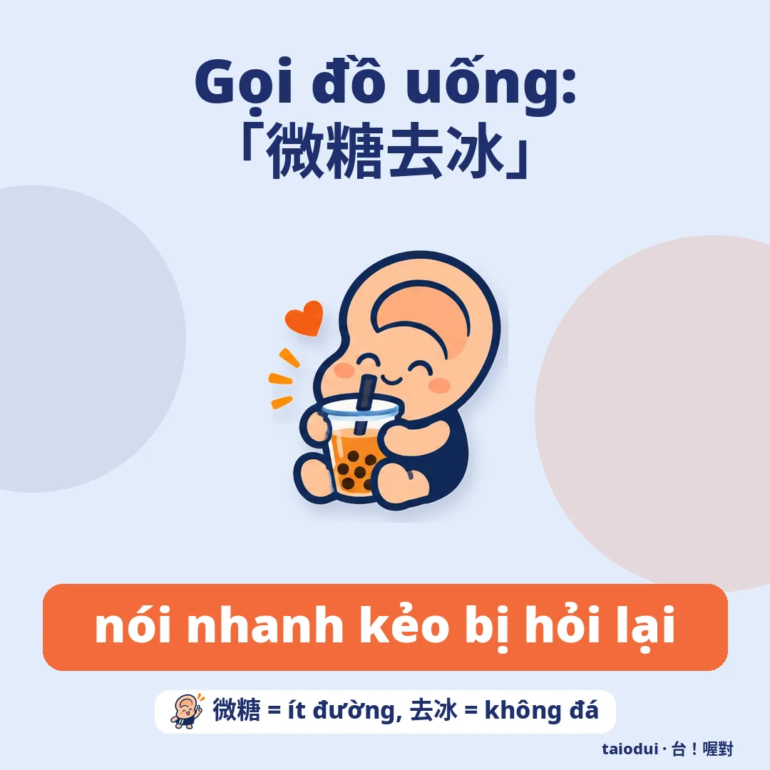 Gọi đồ uống: 「微糖去冰」 — nói nhanh kẻo bị hỏi lại