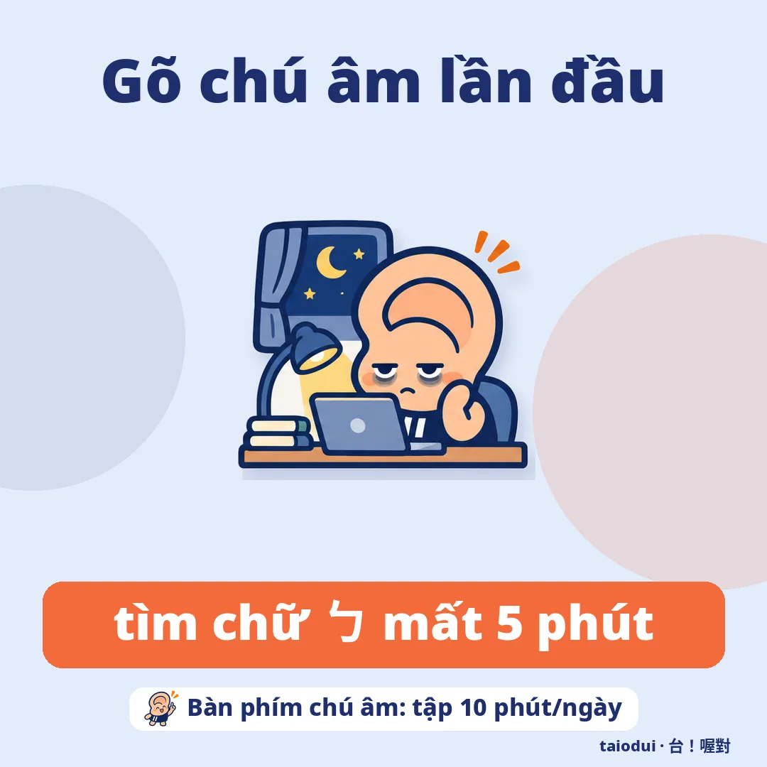 Gõ chú âm lần đầu — tìm chữ ㄅ mất 5 phút. Mẹo: Bàn phím chú âm: tập 10 phút/ngày